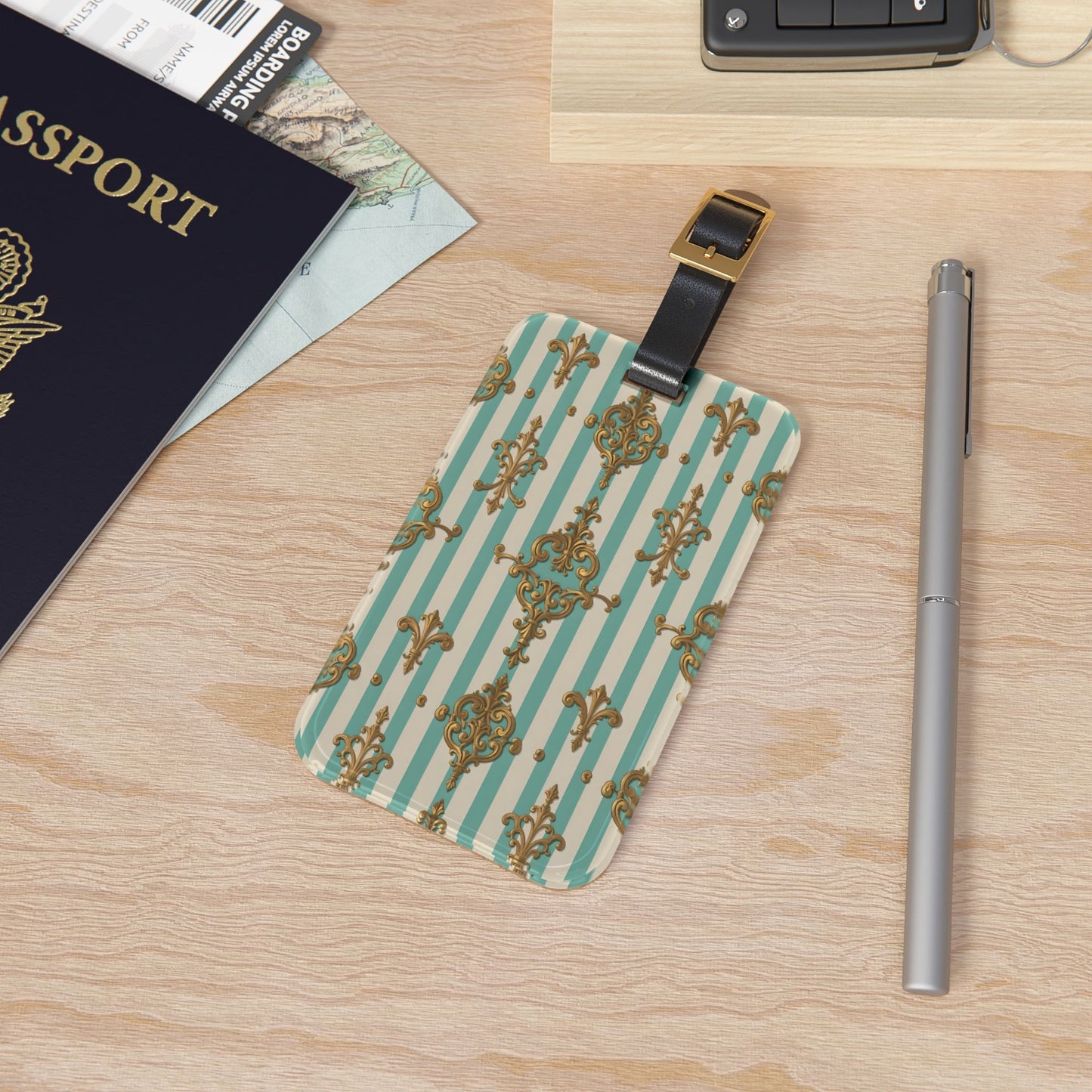 Stylish Travel Luggage Tag - Vintage Striped Design for Personalized Travel, Perfect Gift for Travelers - Matte Green Striped Rococo
