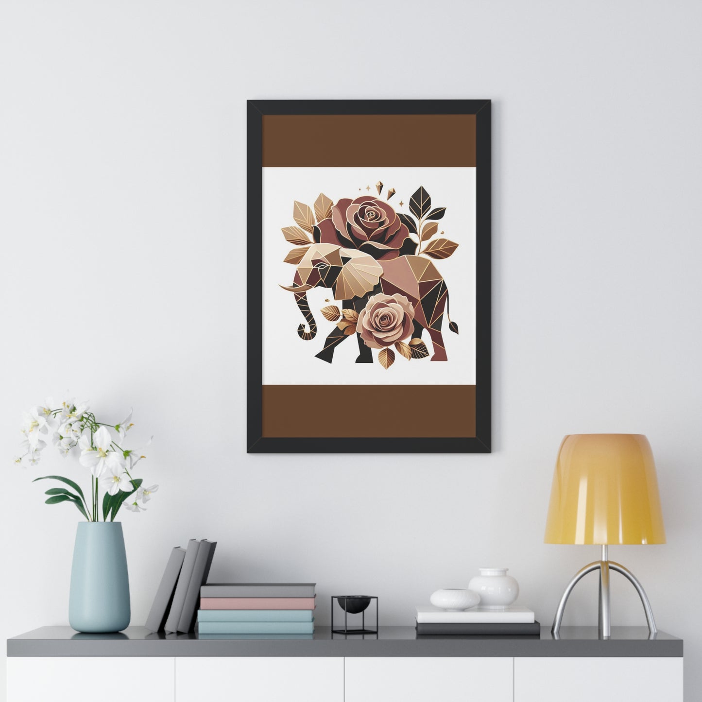 Vertical Poster - Brown & Gold Elephant & Roses Wall Art