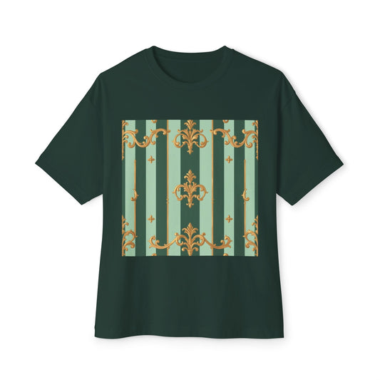 Elegant Vintage-Inspired Oversized Boxy Tee, Retro Style Shirt, Comfortable Fashion Top, Unisex Graphic Tee - Mint Green & Teal Striped Gold Baroque