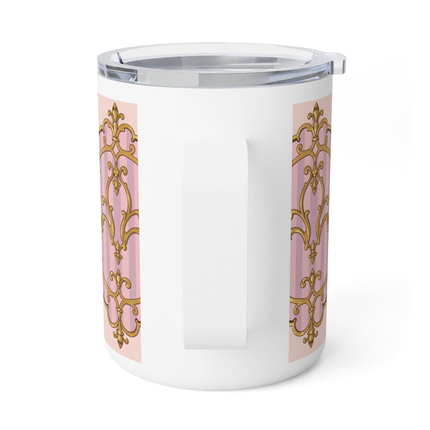Elegant Lavender & Alabaster Striped Gold Baroque Insulated Coffee Mug | 10oz Decorative Drinkware, Floral Mug, Stylish Gift for Her