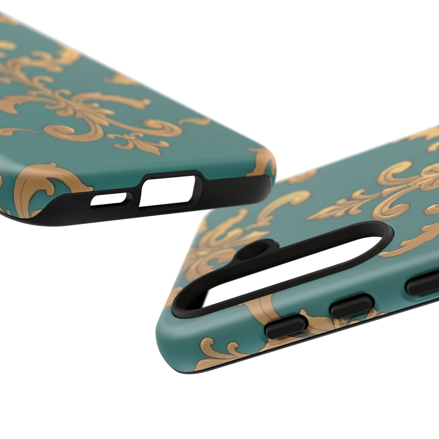 Elegant Floral Motif Phone Case - Tough Cases with Vintage Design - Aqua & Gold Damask
