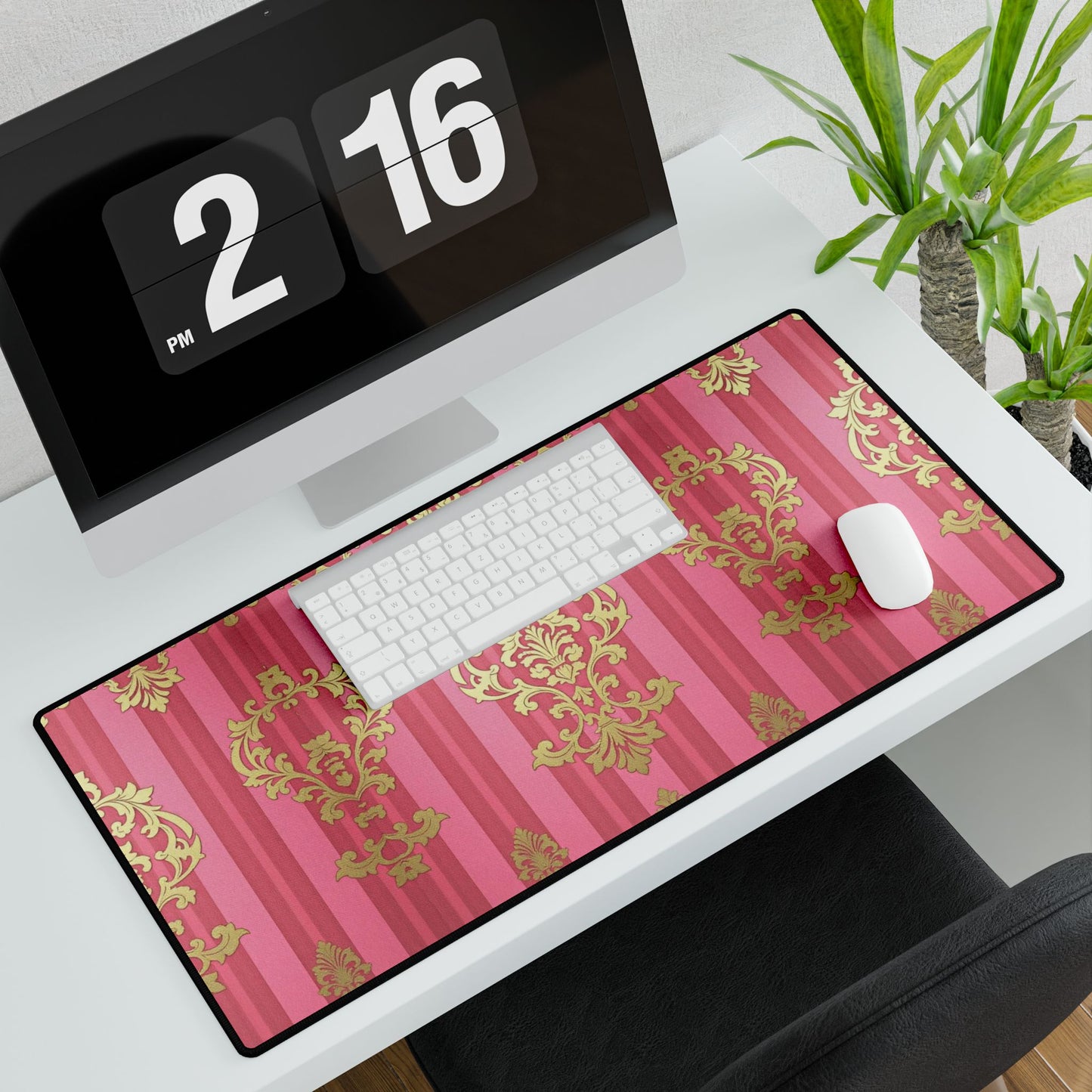 Elegant Floral Motif Desk Mat for Home Office Decor - Pink Striped Gold Damask