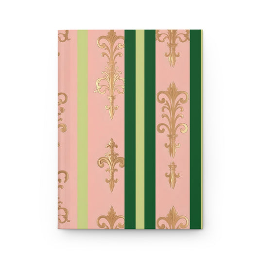 Elegant Floral Hardcover Journal - Stylish Writing Notebook - Lime Green & Pink Striped Damask