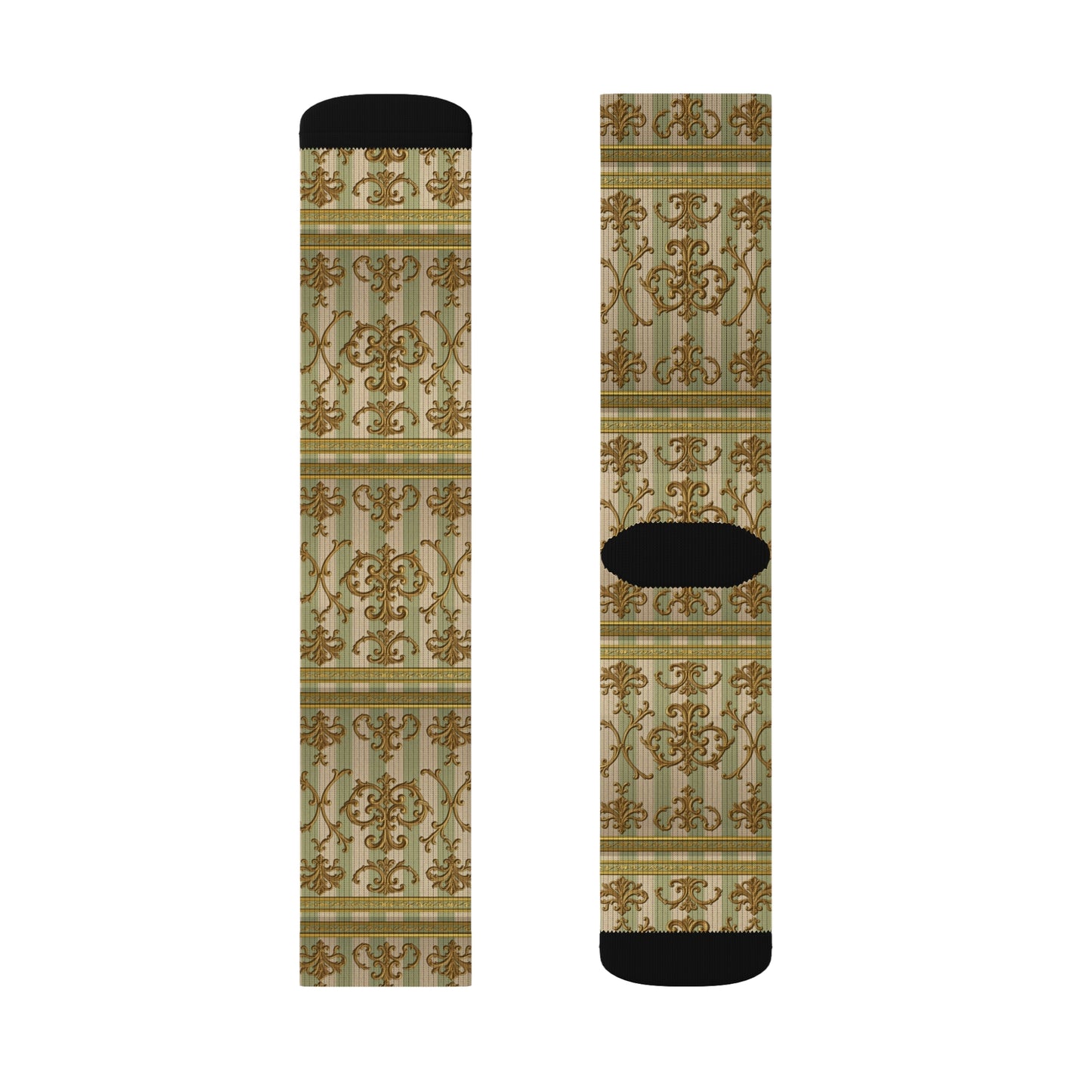 Elegant Vintage Pattern Sublimation Socks | Unisex | Perfect for Holidays, Birthdays, and Everyday Wear - Mint & Beige Striped Gold Baroque