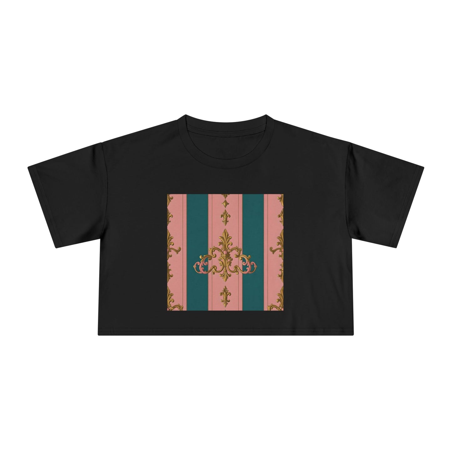 Baroque Vintage Women's Crop Tee, Casual Top, Summer Fashion, Trendy Shirt, Graphic T-Shirt, Gift for Her - Pink & Teal Striped Gold Baroque