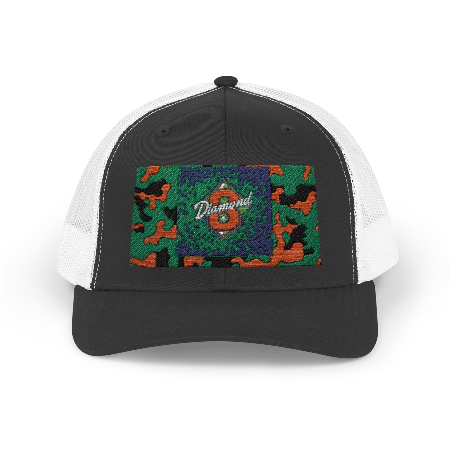 Colorful Camouflage Snapback Trucker Cap, Casual Hat, Outdoor Gear, Unisex Headwear, Gift for Him/Her - Green & Orange Camo Diamond 8