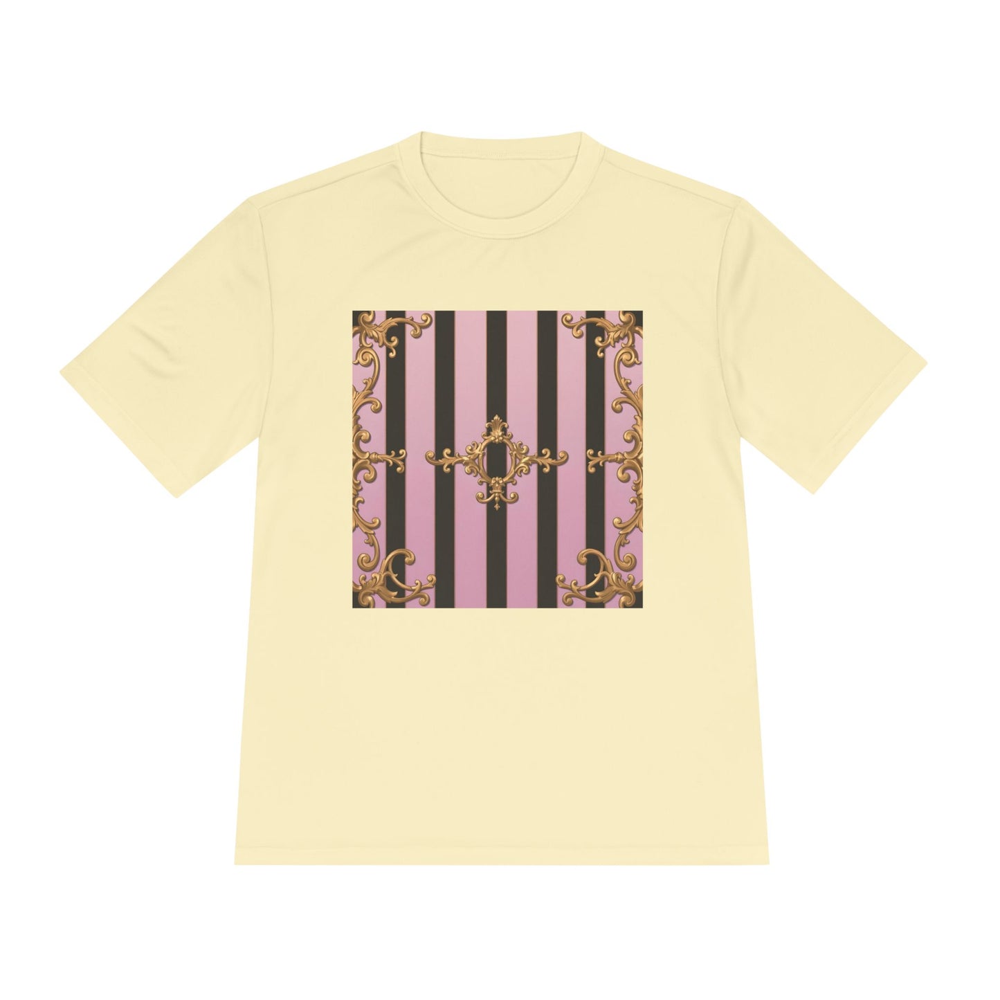 Elegant Striped Unisex Moisture Wicking Tee, Stylish Workout T-Shirt, Fashionable Athletic Top - Matte Lavender & Black Striped Gold Baroque