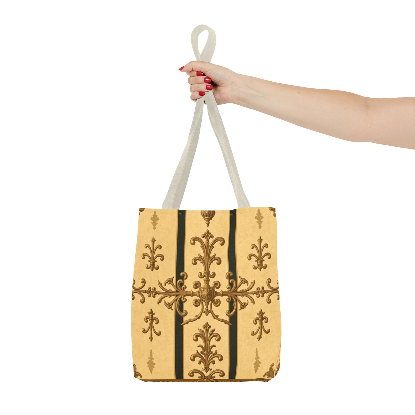 Elegant Baroque Pattern Tote Bag | Stylish Eco-friendly Shopping Bag, Beach Tote, Gift Bag, Daily Use - Matte Yellow Striped Antique Rococo