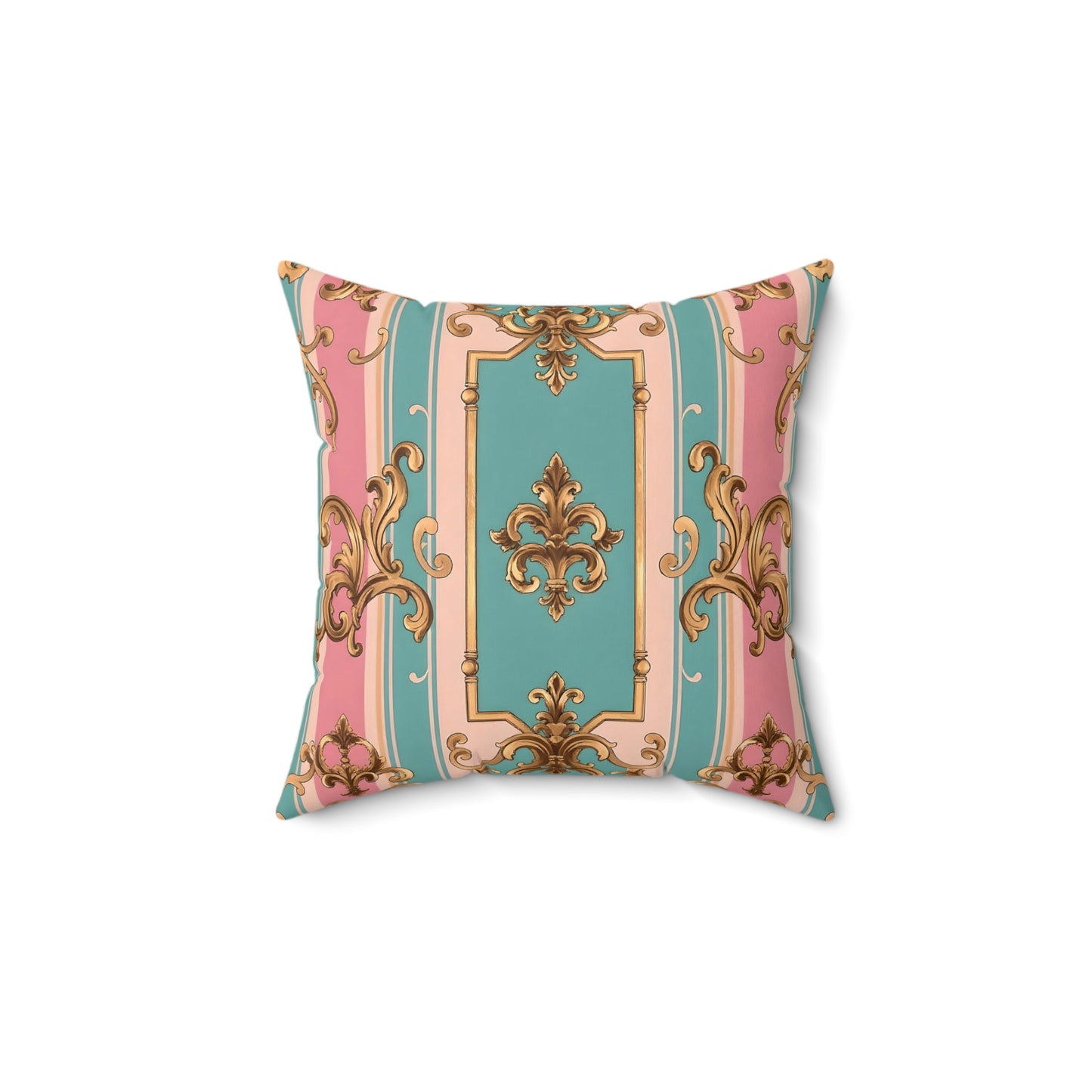 Elegant Faux Suede Square Pillow in Pastel Colors, Decorative Throw Pillow - Pink & Matte Turquoise Striped Rococo