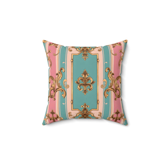 Elegant Faux Suede Square Pillow in Pastel Colors, Decorative Throw Pillow - Pink & Matte Turquoise Striped Rococo