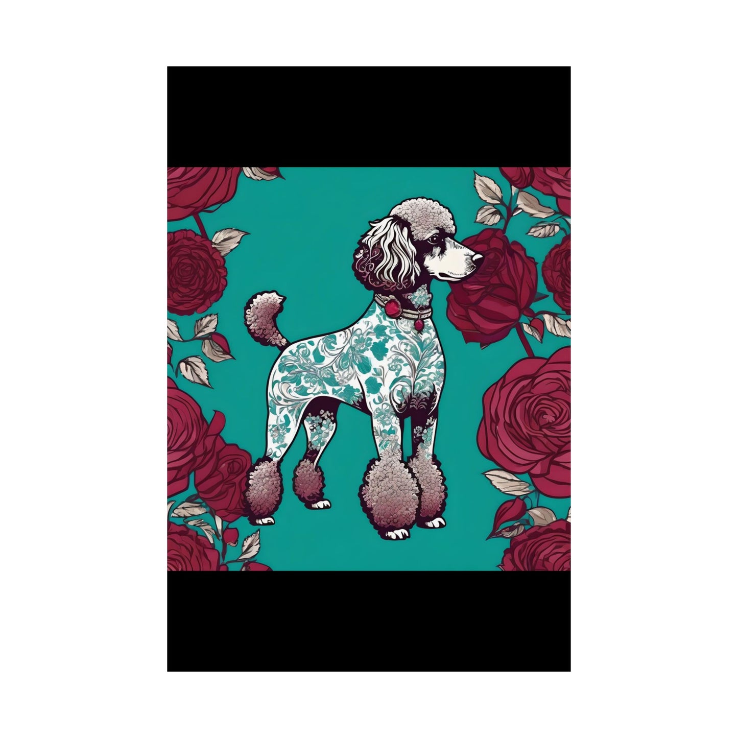 Vertical Poster - Elegant Matte Floral Art Wall Decor - Damask Aqua & White Poodle With Burgundy Roses