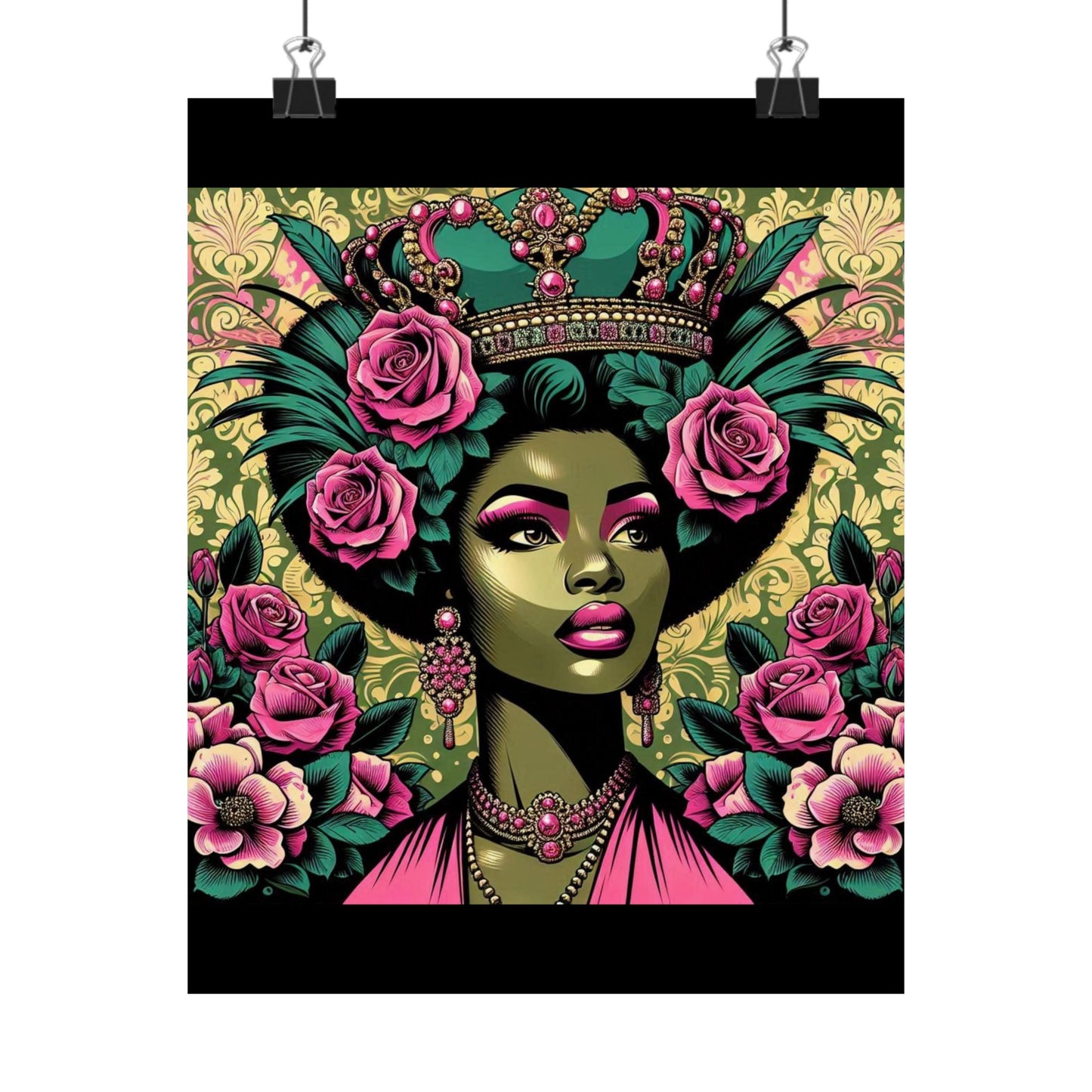 Floral Afro Art Poster - Elegant Matte Vertical Wall Decor - Olive Green Lady & Damask
