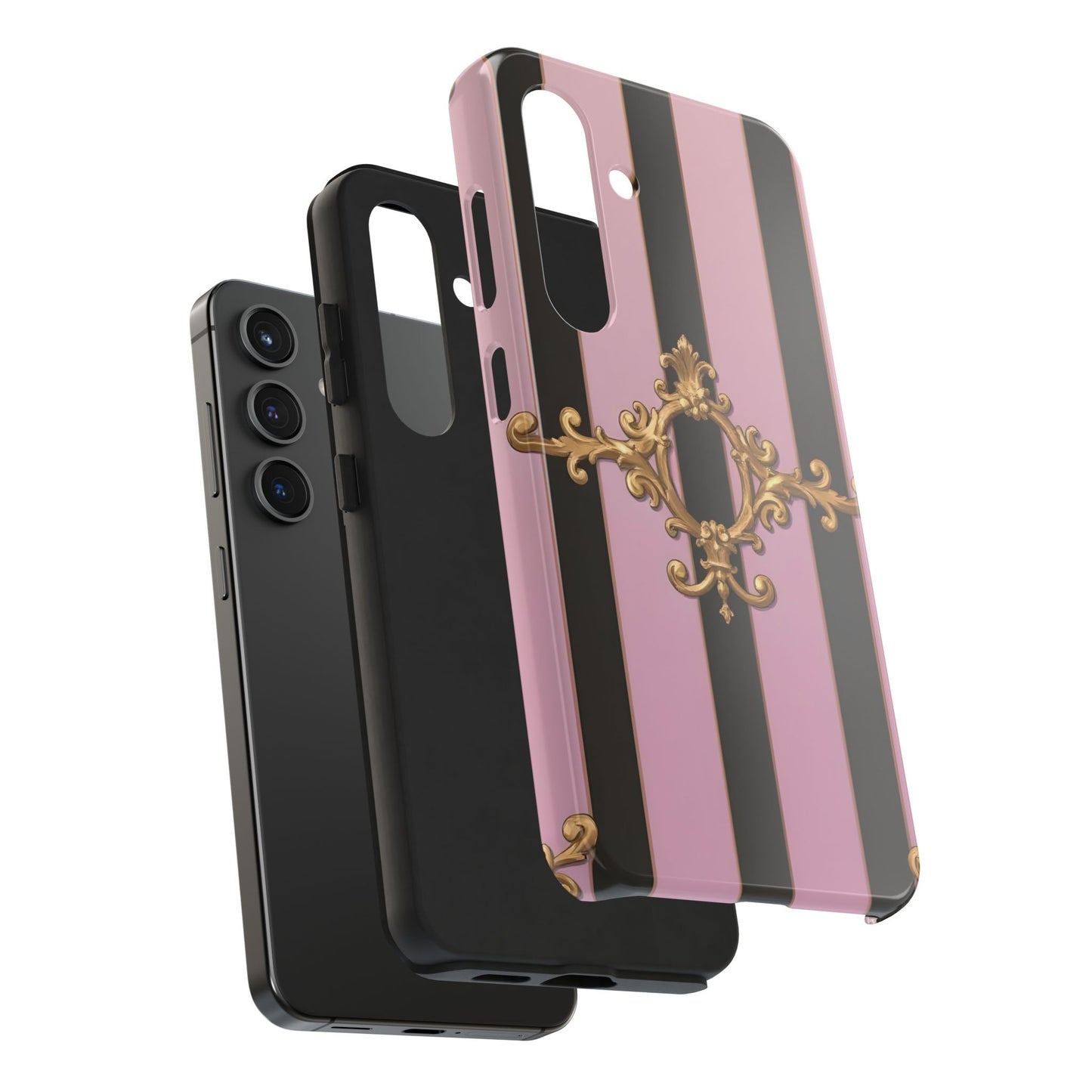 Stylish Tough Phone Case for Elegant Protection, Fashionable Accessories, Smartphone Cover - Matte Lavender & Black Striped Gold Baroque