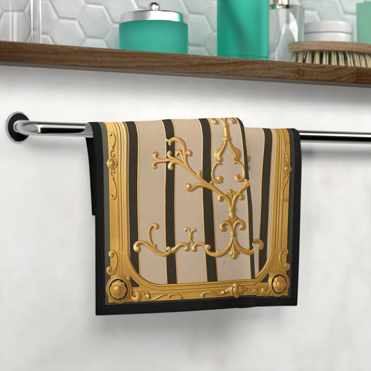 Elegant Decorative Face Towel, Luxurious Hand Towels for Spa, Home, Gift, Bathroom Accessory, Vintage Style - Beige Striped Gold Rococo
