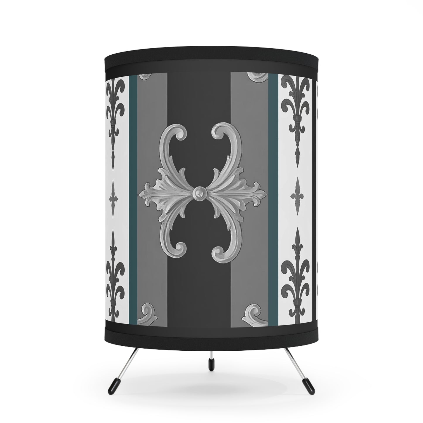 Elegant Tripod Lamp with Vintage Floral Print Shade - High-Res Home Accent - Striped Minimal Damask