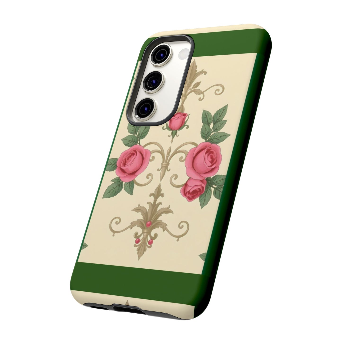 Elegant Floral Motif Phone Case - Tough Cases with Vintage Design - Green Border Roses & Damask
