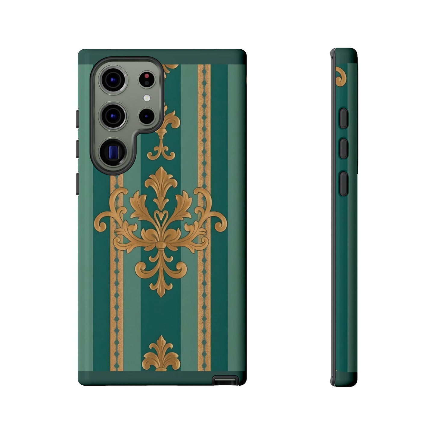 Elegant Floral Motif Phone Case - Tough Cases with Vintage Design - Teal Striped Gold Damask