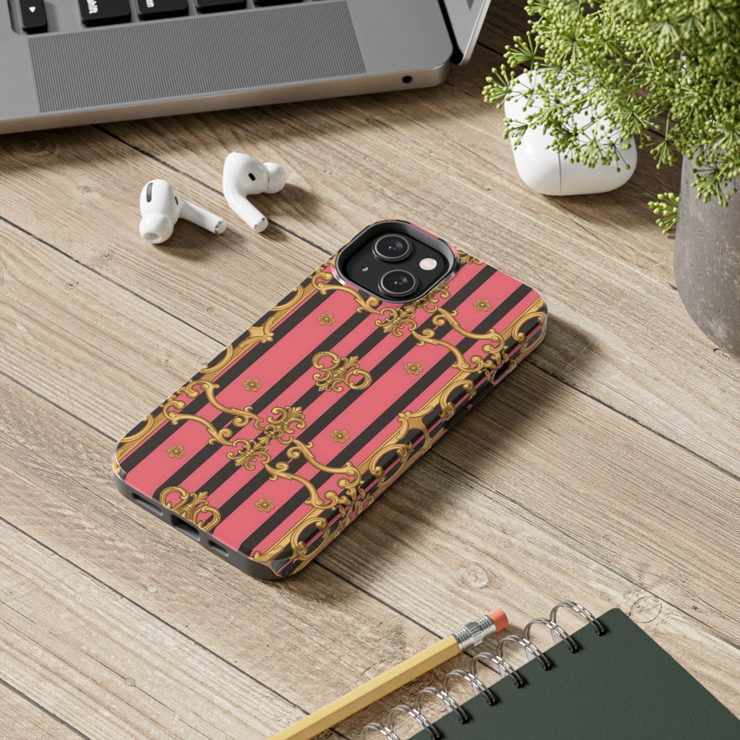 Elegant Baroque Tough Phone Cases, Stylish Protection, Gift for Her, Trendy Accessory - Pink & Black Striped Gold Baroque