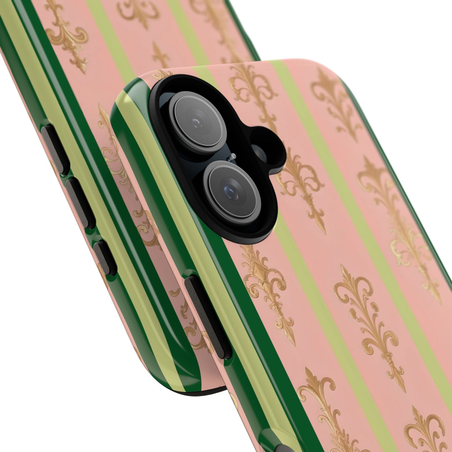 Elegant Floral Motif Phone Case - Tough Cases with Vintage Design - Lime Green & Pink Striped Damask