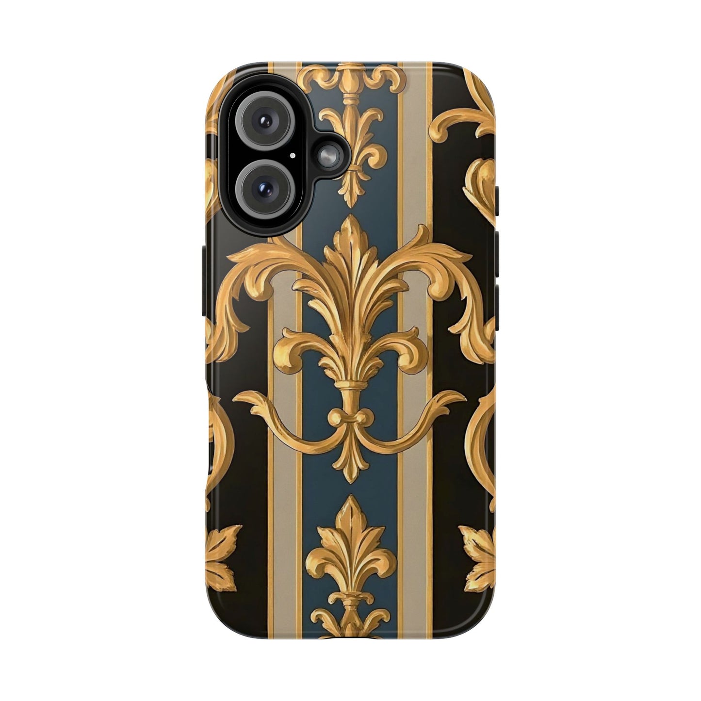 Elegant Rococo Phone Cases, Tough iPhone Case, Floral Design Case, Luxury Phone Cover - Blue & Black Striped Rococo