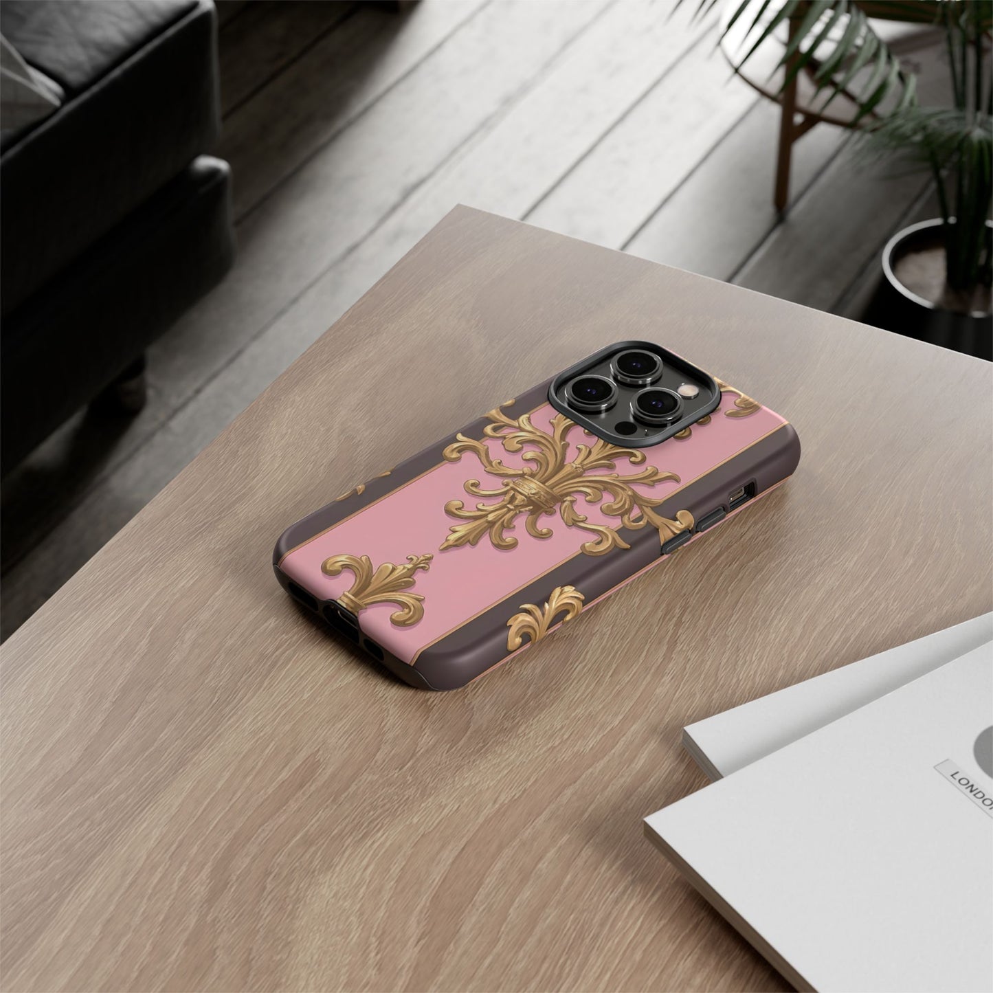Elegant Floral Motif Phone Case - Tough Cases with Vintage Design - Pink & Brown Striped Gold Damask