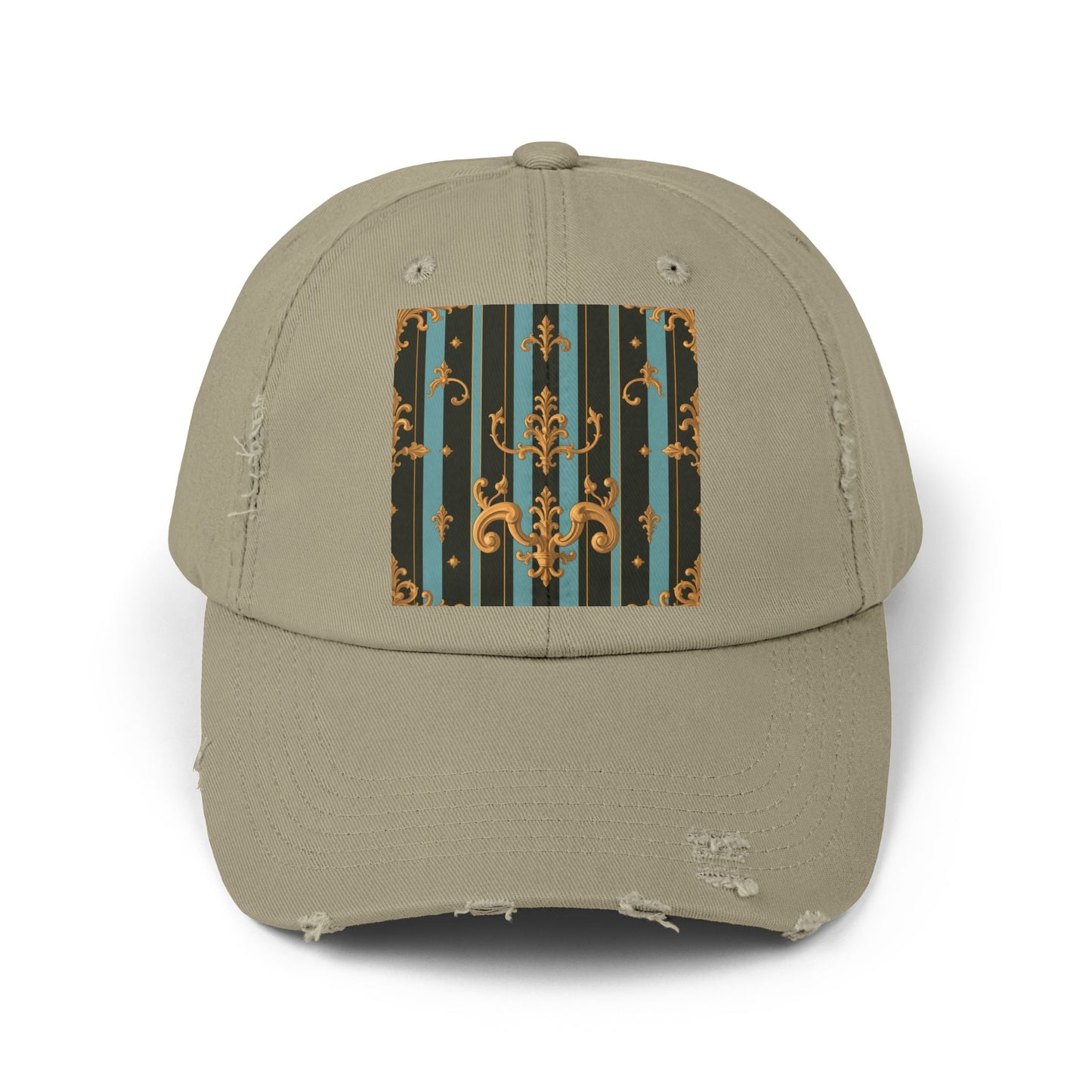 Vintage-Inspired Unisex Distressed Cap with Elegant Stripes and Ornate Design, Casual Hat for Fashion Lovers - Black & Turquoise Striped Baroque