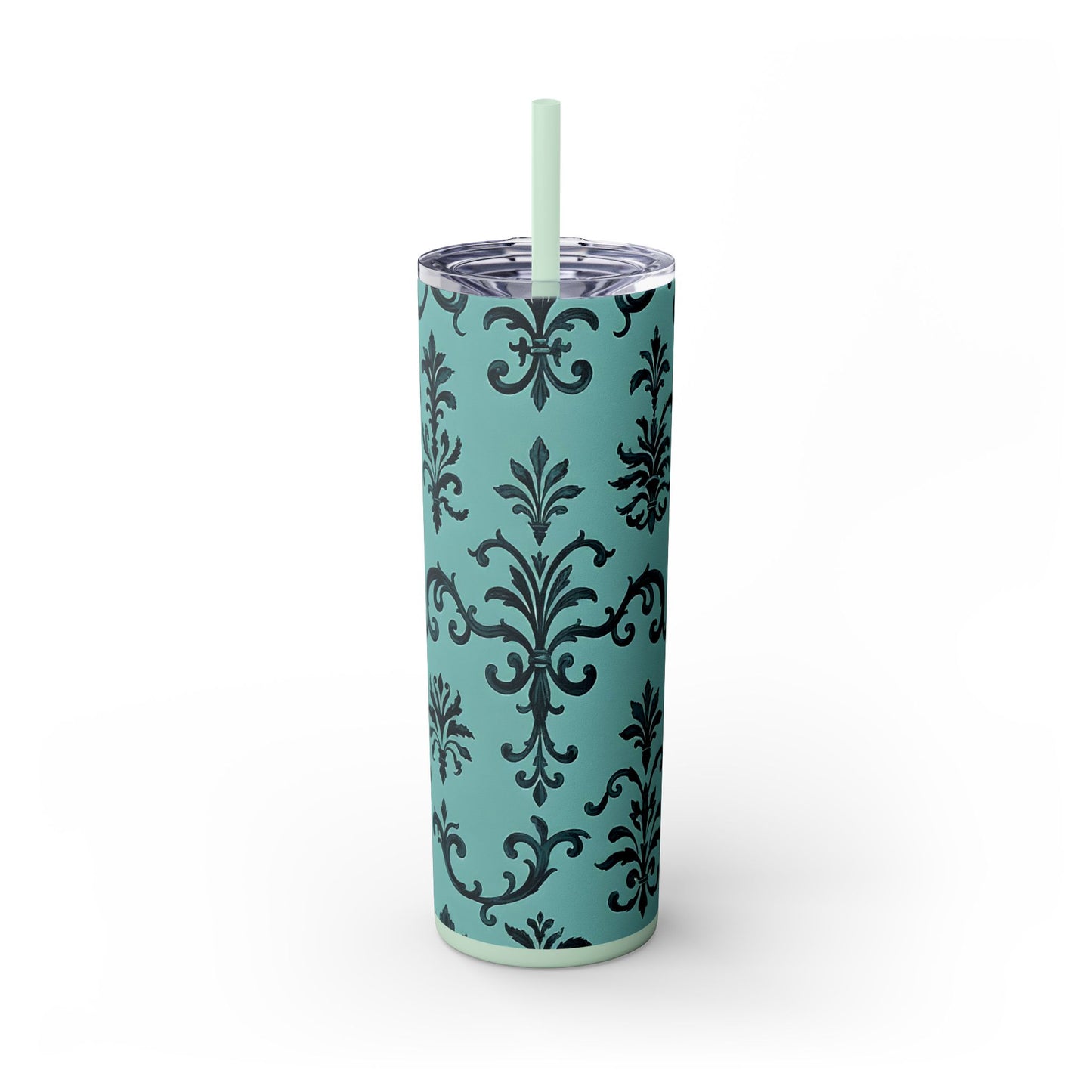 Elegant Floral Skinny Tumbler with Straw, 20oz, Personalized Drinkware, Stylish Travel Mug, Great Gift for Her - Teal Striped Rococo