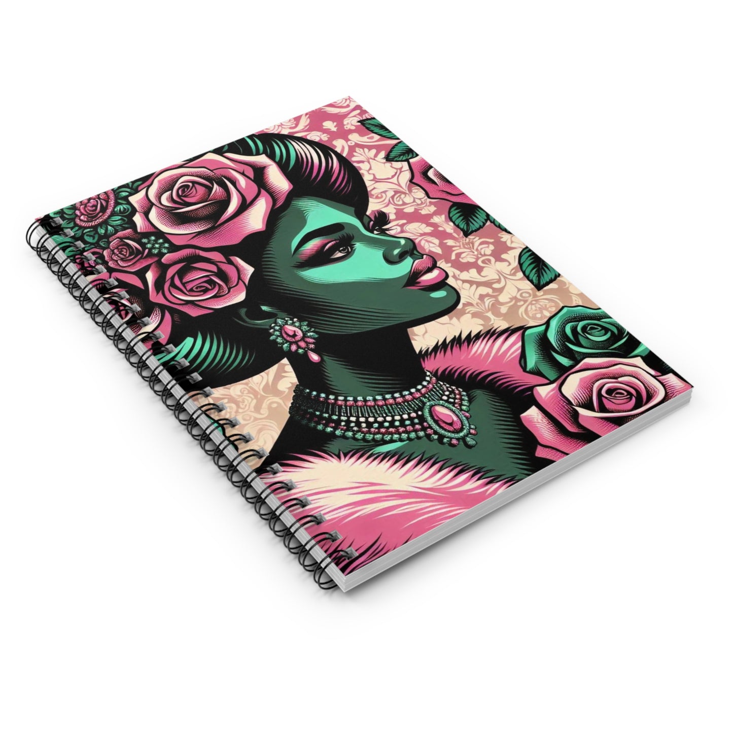 Elegant Vintage Spiral Notebook - Ruled Line with Emerald Green Lady, Roses & Damask Design