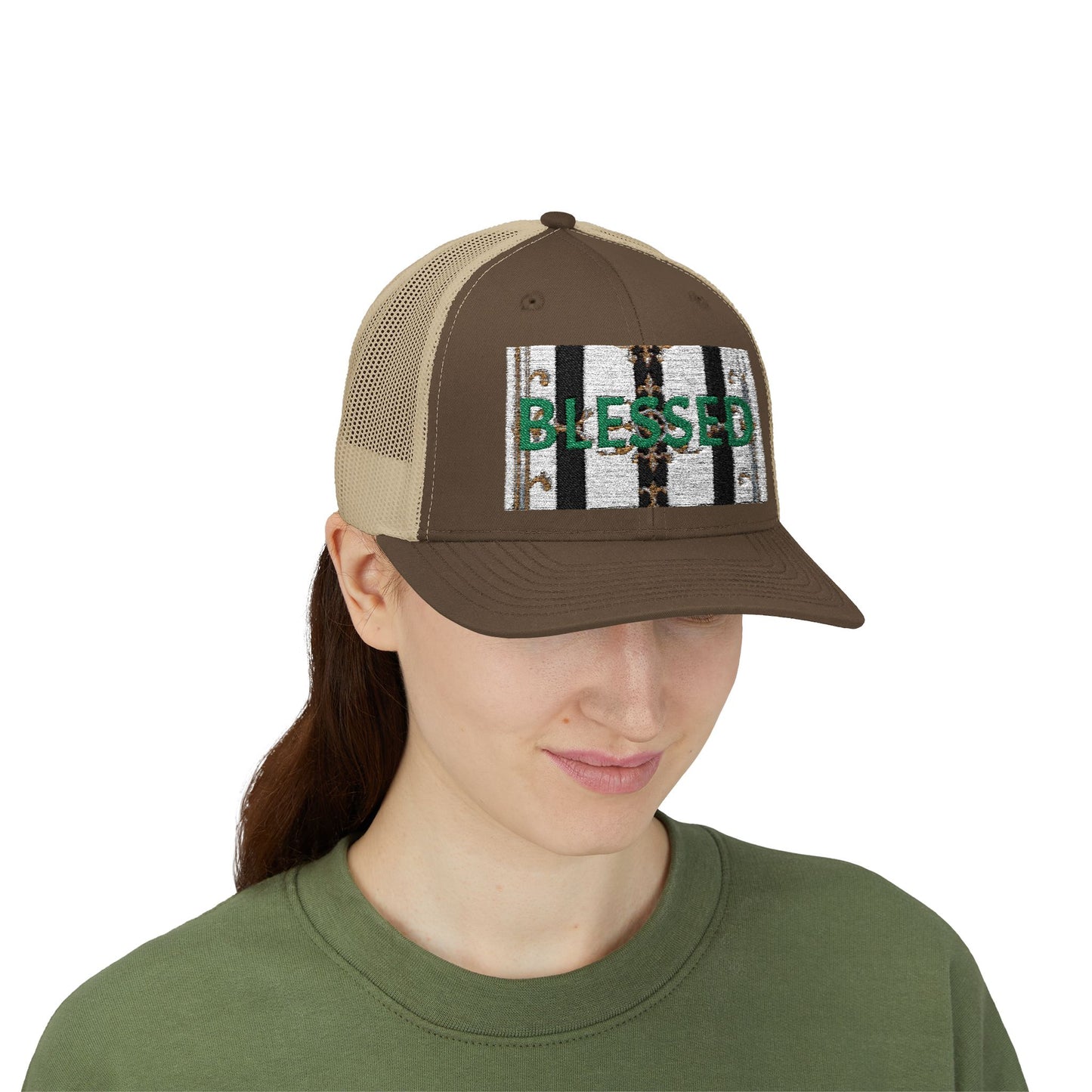 Blessed Snapback Trucker Cap | Casual Style, Outdoor Gear, Faith-Based Gift, Adjustable Hat, Everyday Fashion - Black & White Striped Gold Baroque