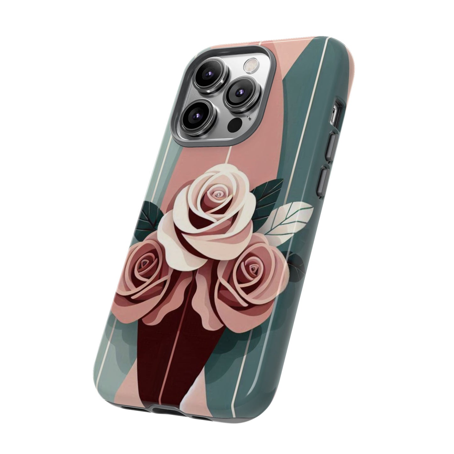 Phone Case - Burgundy, Matte Mauve & Teal Surfboard & Roses Design