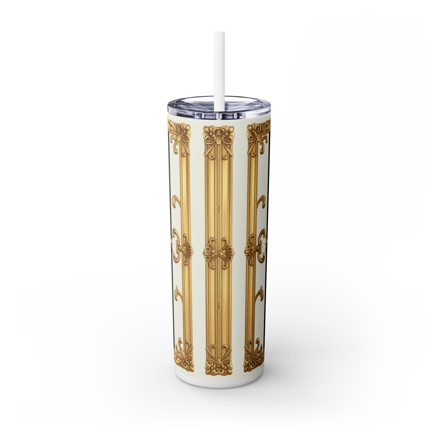 Elegant Gold Accents Skinny Tumbler, 20oz - Stylish Drinkware for Weddings, Parties, Gifts, or Everyday Use - Black & White Striped Gold Baroque