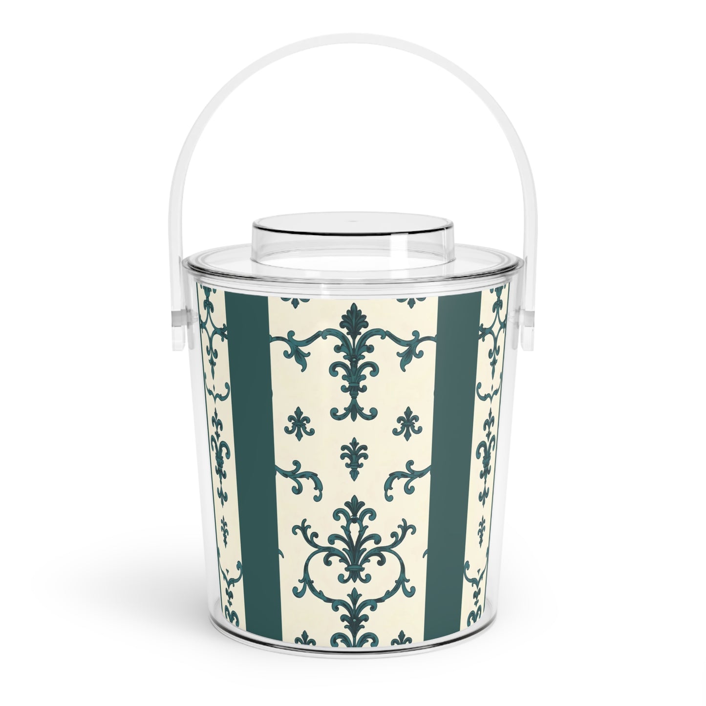 Elegant Ice Bucket with Tongs, Decorative Beverage Chiller, Party Essentials, Wedding Reception Decor, Stylish Home Bar Accessory - Teal Striped Rococo