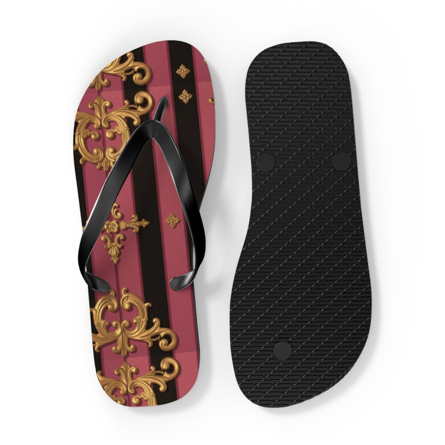 Elegant Black & Mauve Striped Gold Baroque Flip Flops, Chic Footwear for Summer, Pool Parties, Beach Days, Vacation Essentials