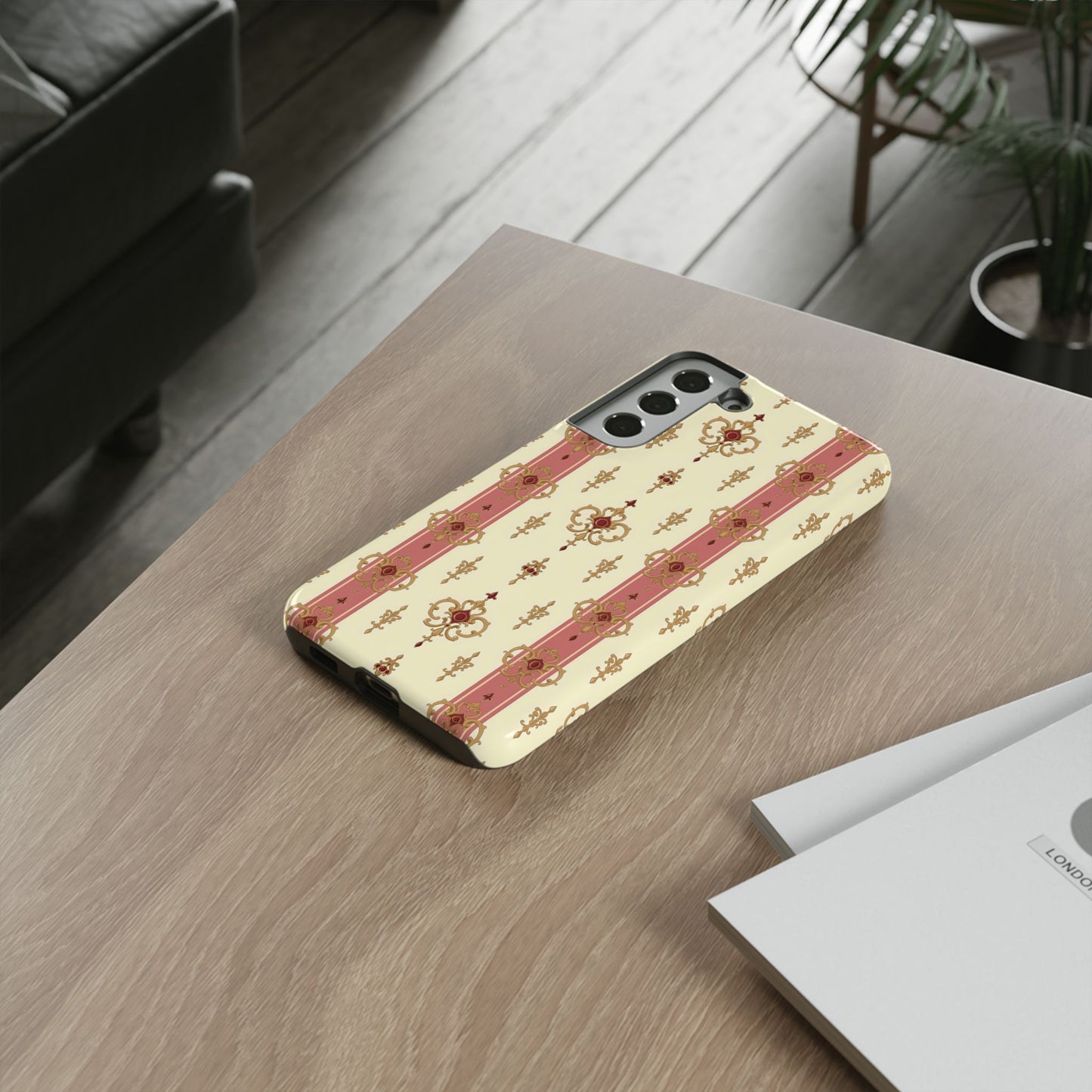 Elegant Floral Motif Phone Case - Tough Cases with Vintage Design - Mauve Striped Gold Damask