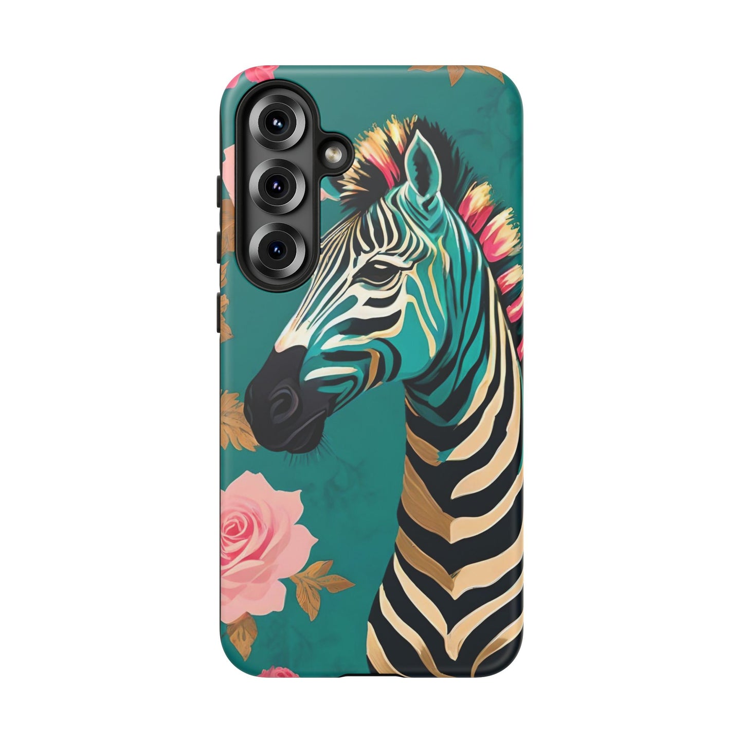 Phone Case - Elegant Teal & Gold Zebra & Roses Design