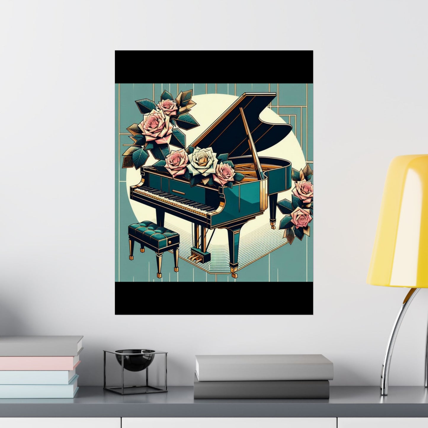 Vertical Poster - Teal Grand Piano & Roses Design