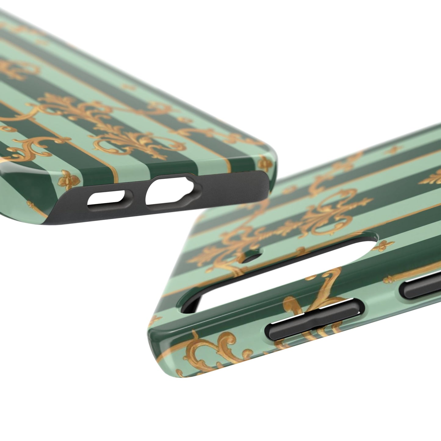 Elegant Floral Tough Phone Cases | Stylish Phone Protection, Gift for Her, Trendy Accessory, Unique Decor - Mint Green & Teal Striped Gold Baroque