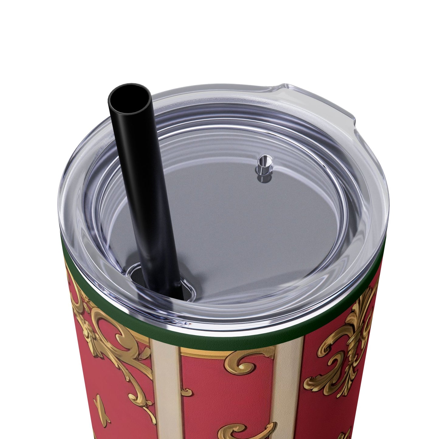 Elegant Green Border Pink Striped Baroque Skinny Tumbler with Straw, Reusable Travel Mug, Gift for Her, Fashionable Drinkware