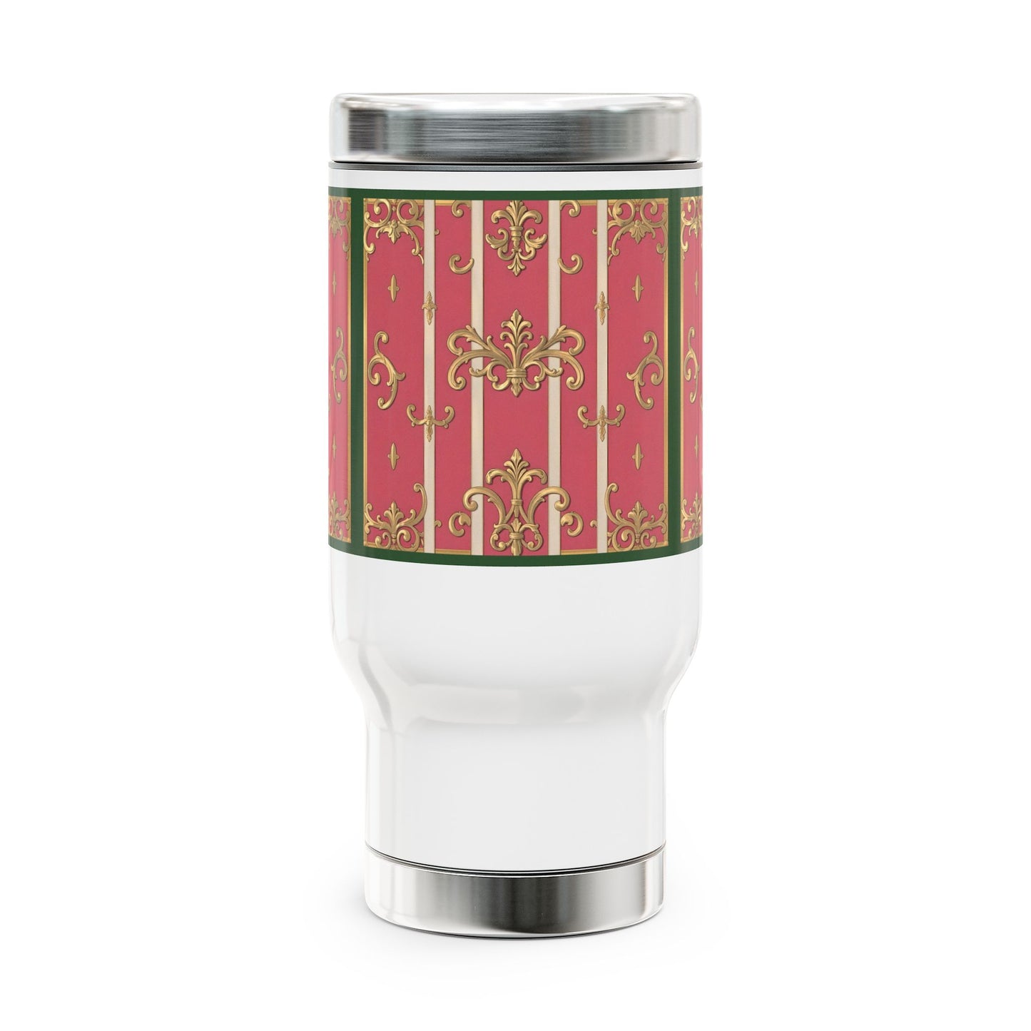Elegant Green Border Pink Striped Baroque Travel Mug with Handle, 14oz Stainless Steel Coffee Cup, Glamorous Gift for Holidays