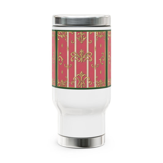 Elegant Green Border Pink Striped Baroque Travel Mug with Handle, 14oz Stainless Steel Coffee Cup, Glamorous Gift for Holidays