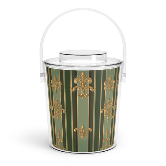 Elegant Ice Bucket with Tongs, Decorative Ice Container, Party Essential, Barware Gift, Luxe Home Decor - Green Striped Gold Baroque