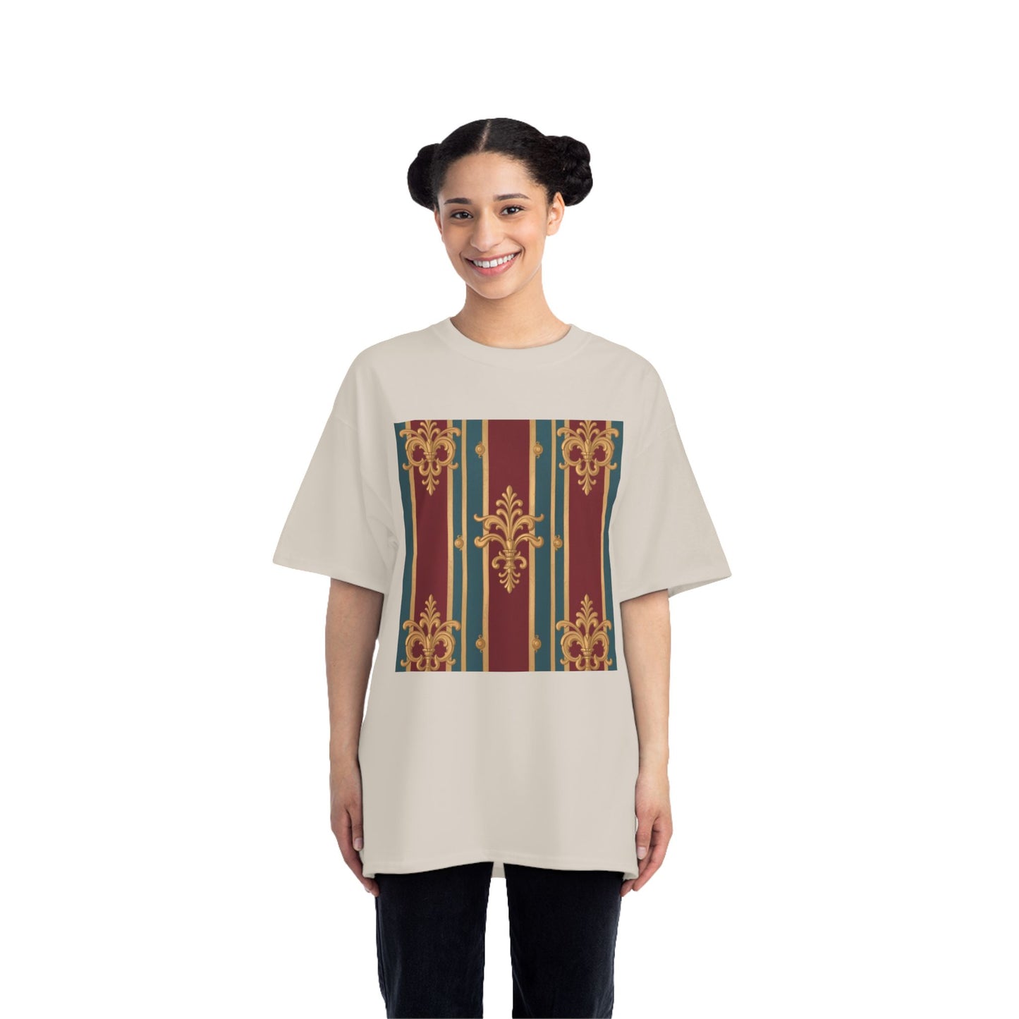Elegant Vintage Patterned Beefy-T® Short-Sleeve T-Shirt | Casual Wear, Summer Tops, Unique Gift - Burgundy Striped Gold Baroque