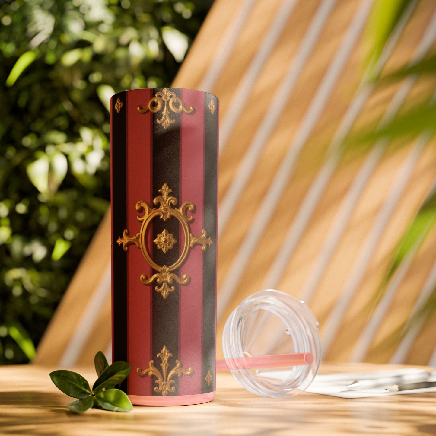 Elegant Black & Mauve Striped Gold Baroque Striped Skinny Tumbler with Straw, 20oz | Vintage Gold Accent Drinkware, Wedding Gift, Party Favor, Travel Mug