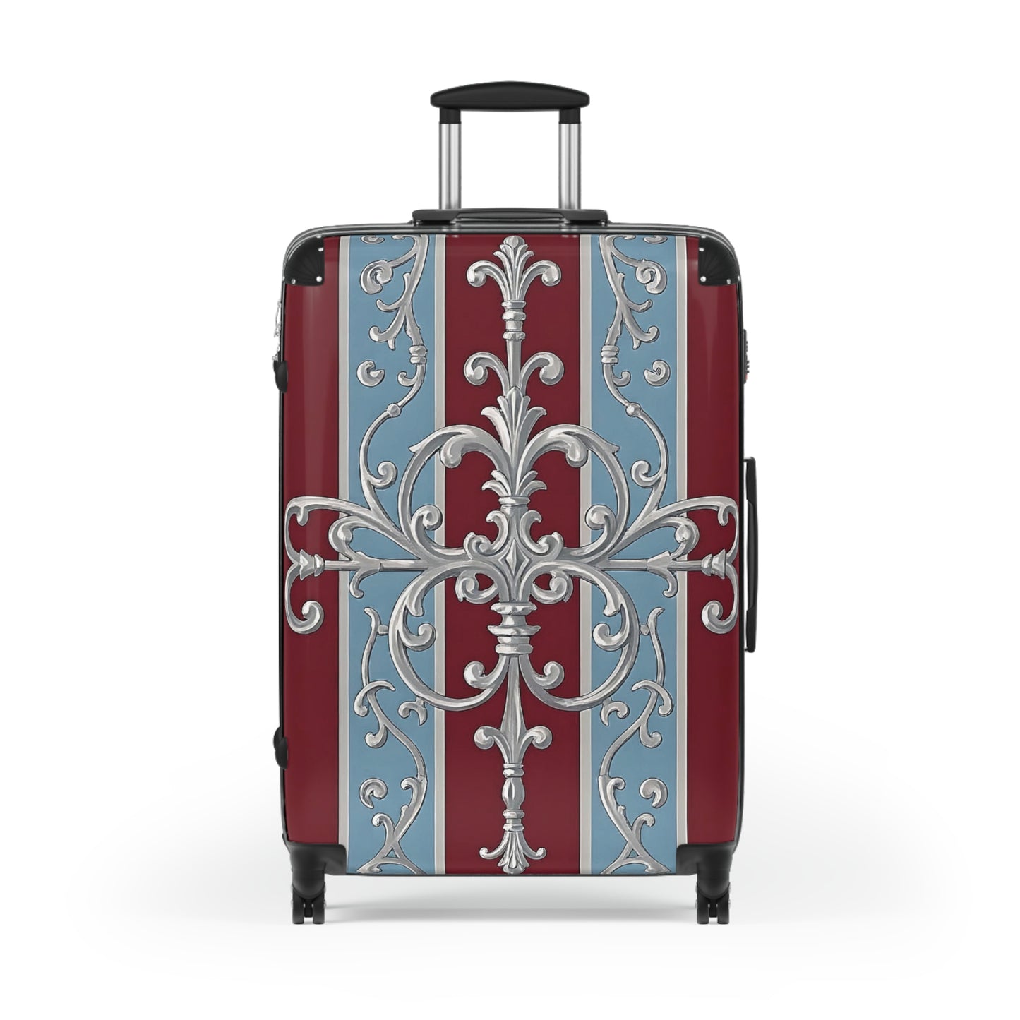 Stylish Travel Suitcase with Elegant Floral Design - Ice Blue & Burgundy Striped Baroque