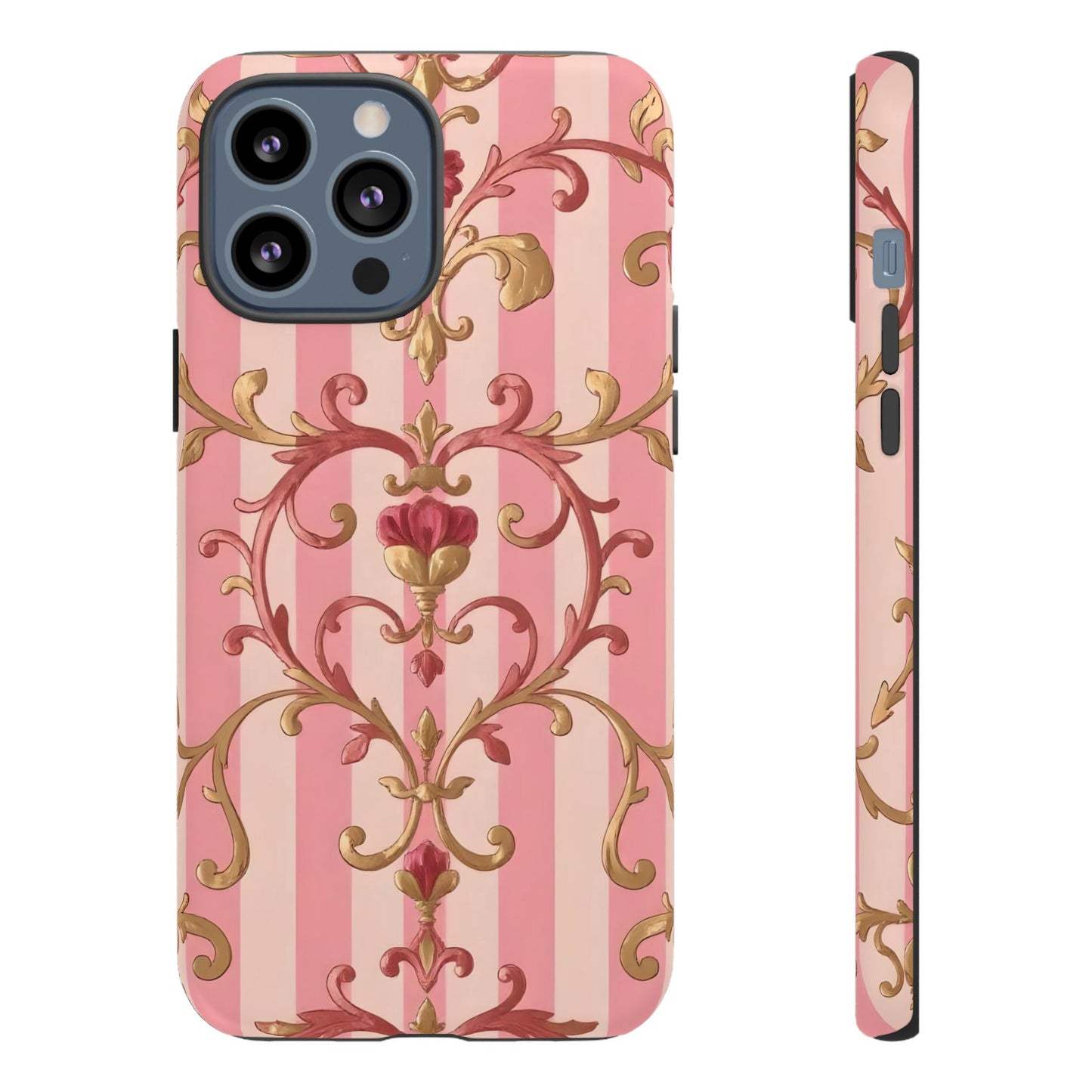 Elegant Floral Motif Phone Case - Tough Cases with Vintage Design - Pink Striped Rose Gold Damask
