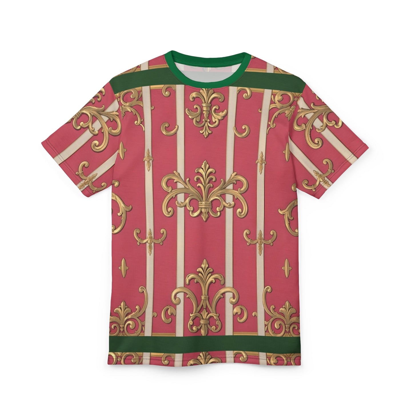 Elegant Green Border Pink Striped Baroque Unisex Tee - Chic Summer Wear, Gifts for Her, Fashion Casual Shirt, Trendy Outfit, Special Occasion Attire