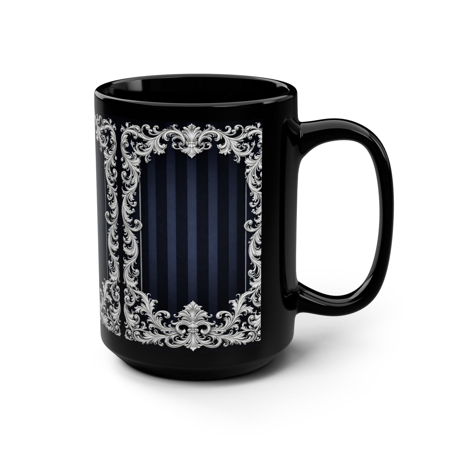 Victorian Navy Stripes & Baroque Frame Black 15oz Mug — Elegant Stripe Coffee Cup