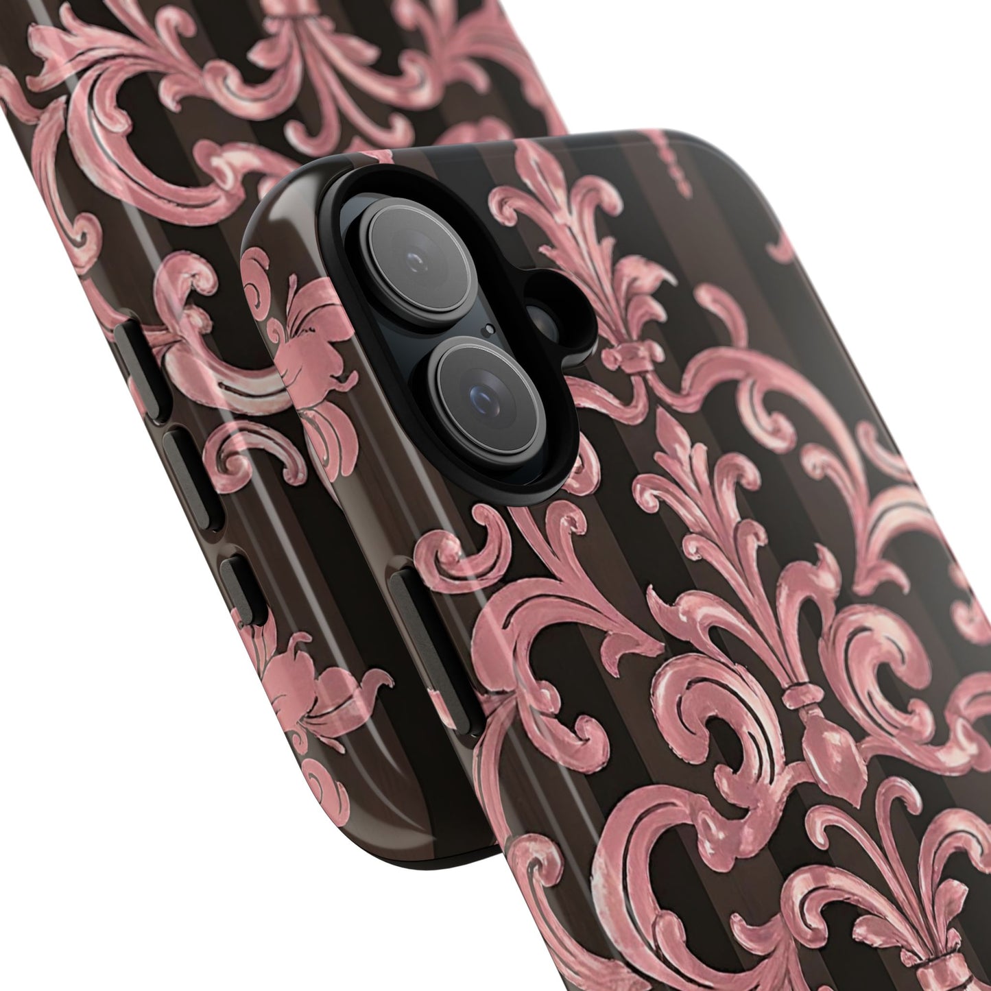 Elegant Floral Motif Phone Case - Tough Cases with Vintage Design - Brown Striped Mauve Damask