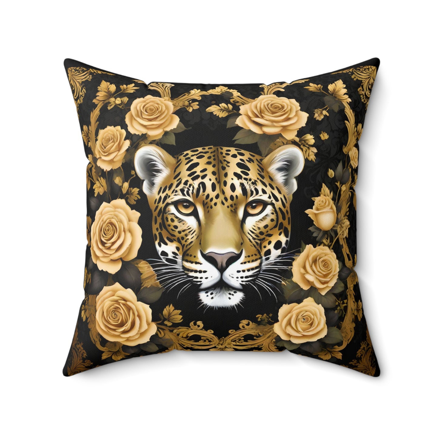Luxurious Leopard & Roses Decorative Pillow - Gold Leopard