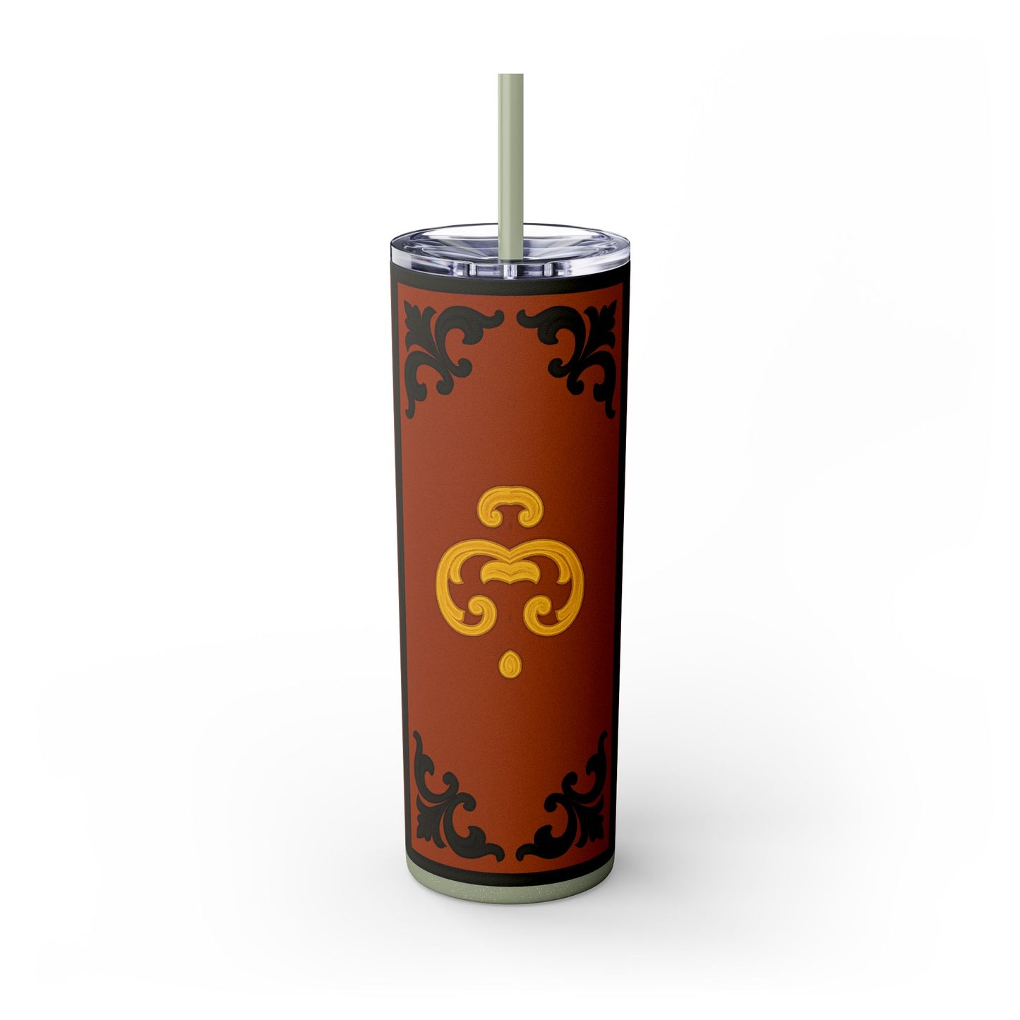 Dusk Terracotta Baroque 20oz Skinny Tumbler with Straw — Vintage Gold Baroque Design